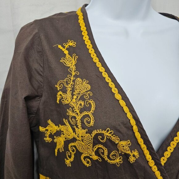 Lucky Brand Brown Mustard Embroidered Boho Dress Peasant Hippie Festival S - Picture 3 of 12